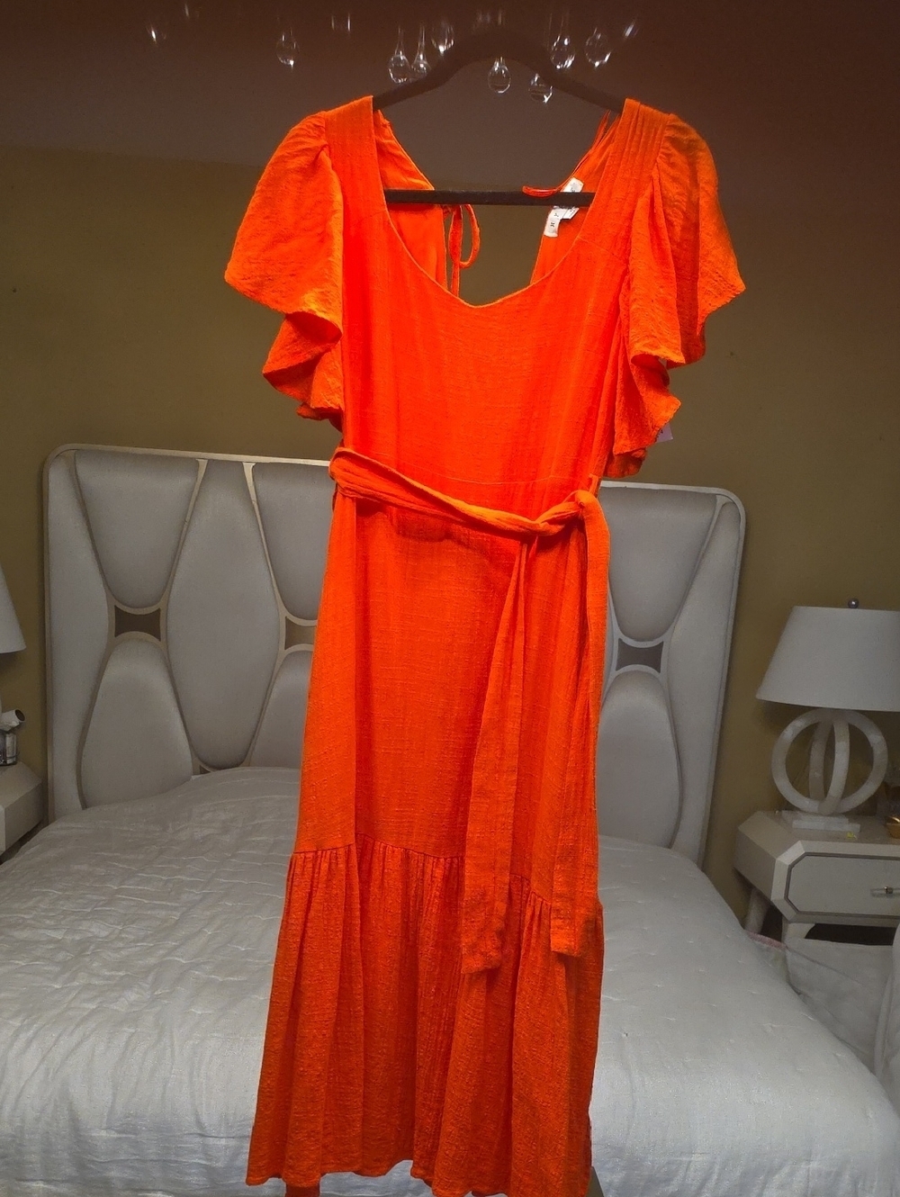 HYFVE Rayon Orange  Midi Dress with Ruffled Sleeves and Tie Belt Side Openings S